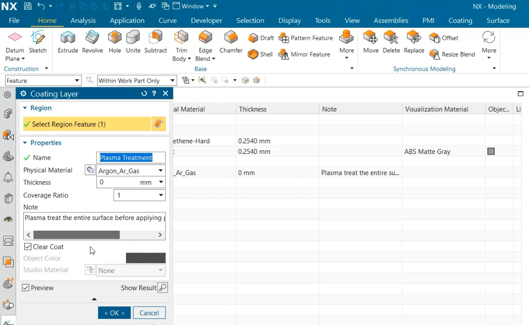 Double-click on a Coating Layer within the Coating Navigator to view more information