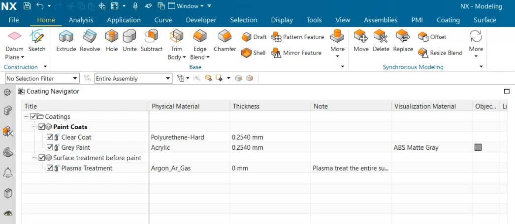 Open the Coating Navigator to explore the coats applied to parts and assemblies