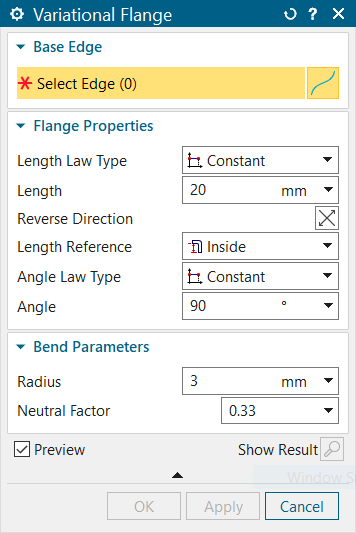 The variational flange command window offers great customization options to best fit your sheet metal design needs