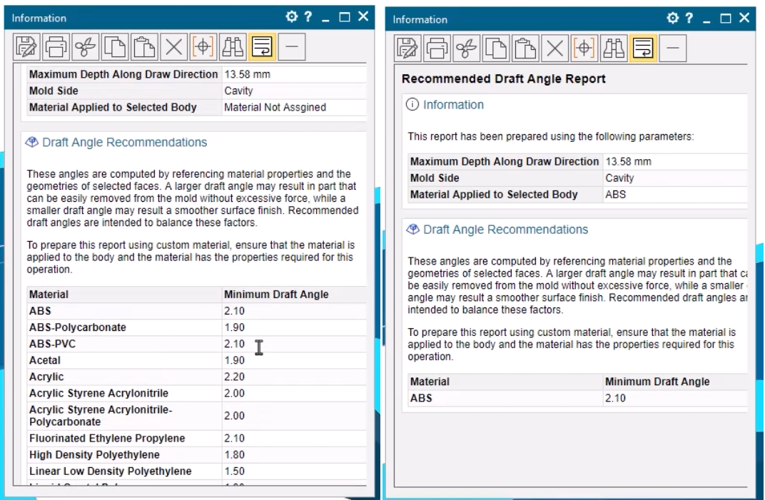 material assigned - Draft Angle Report